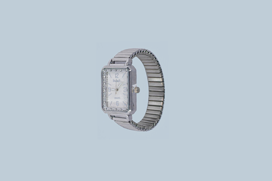Relógio Feminino Retangular Strass Pulseira Mola Prateado – Quartz